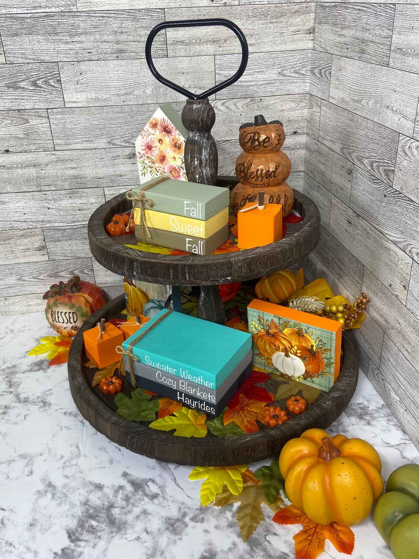 Sweater Weather Cozy Blankets Hayrides - Large Fall Tiered Tray Book Stack