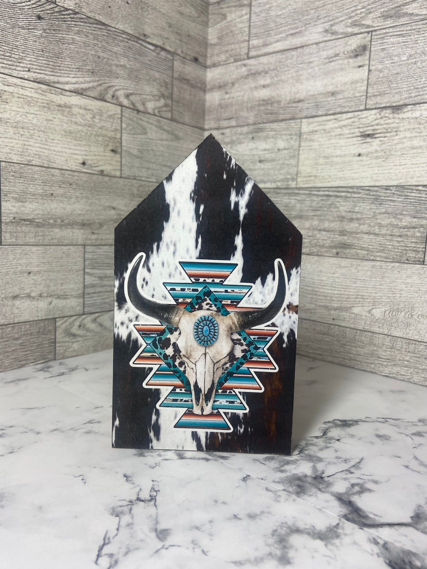 Aztec Skull Cow Print - Large Tiered Tray House