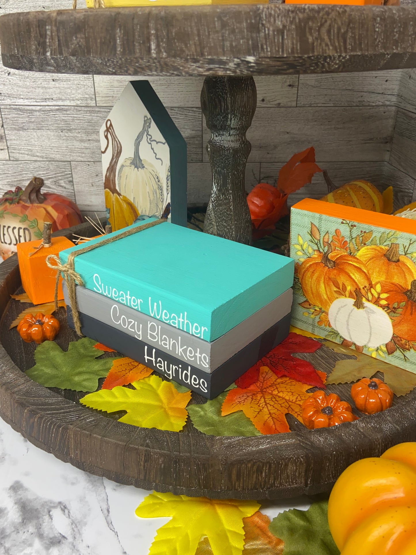 Sweater Weather Cozy Blankets Hayrides - Large Fall Tiered Tray Book Stack