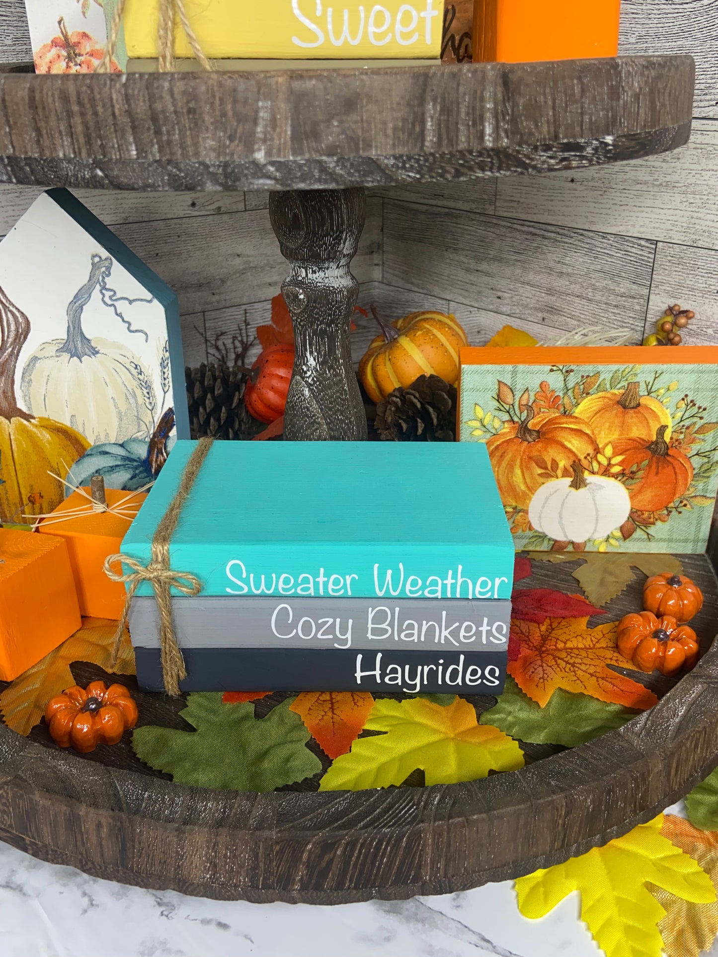 Sweater Weather Cozy Blankets Hayrides - Large Fall Tiered Tray Book Stack