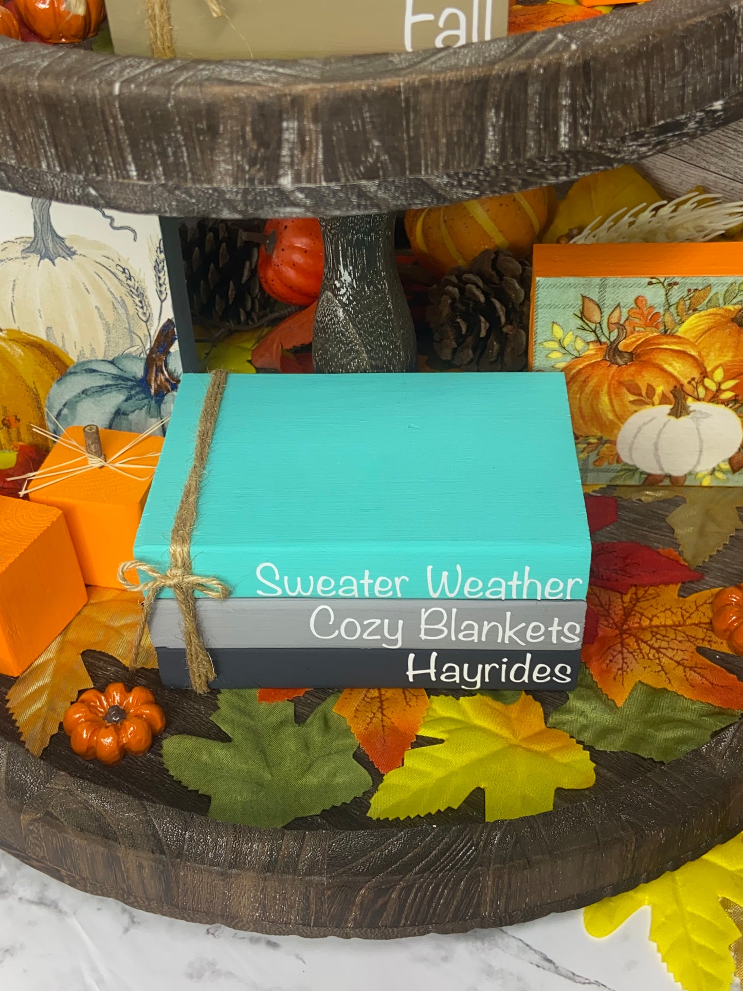 Sweater Weather Cozy Blankets Hayrides - Large Fall Tiered Tray Book Stack