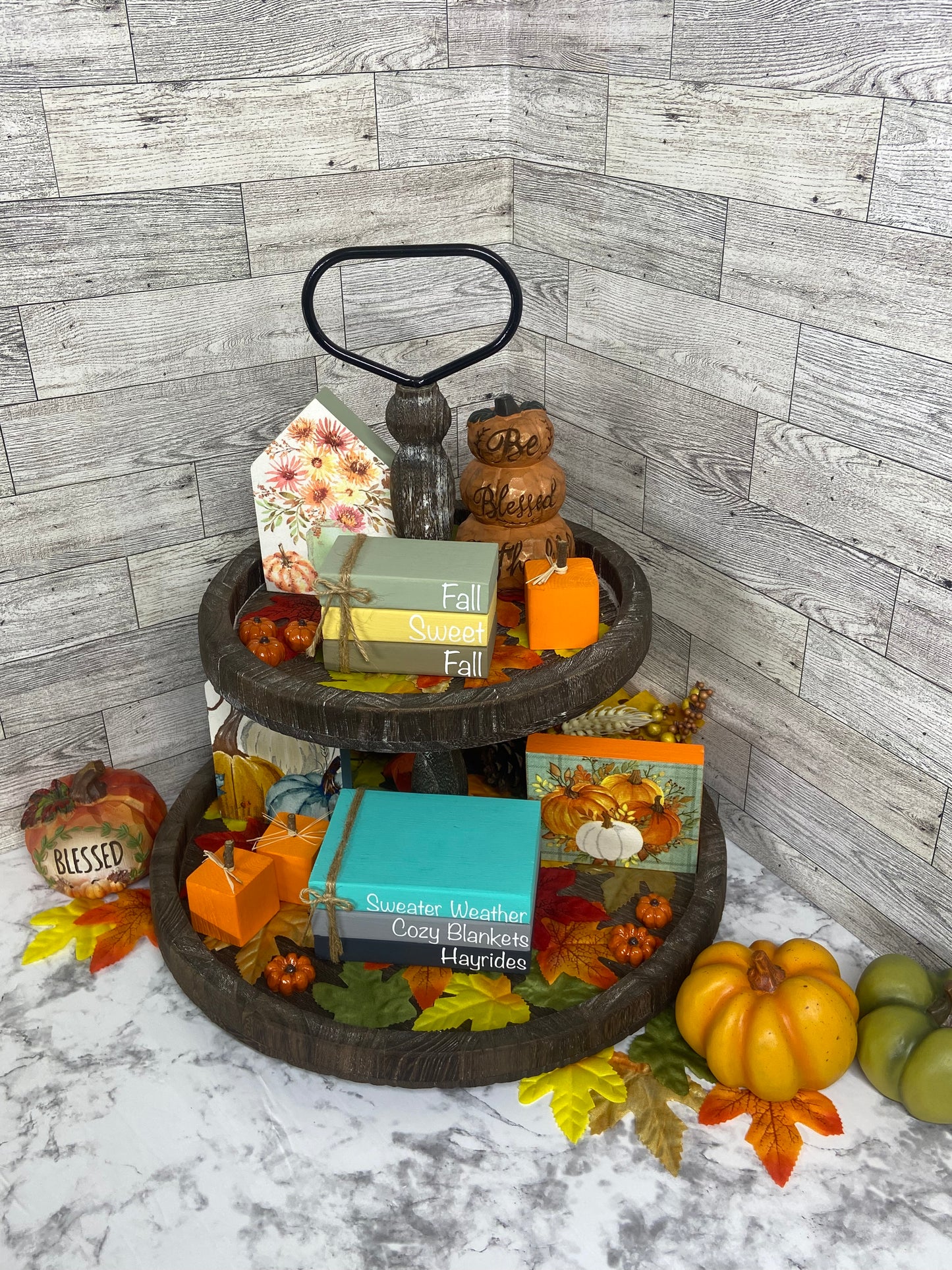 Sweater Weather Cozy Blankets Hayrides - Large Fall Tiered Tray Book Stack