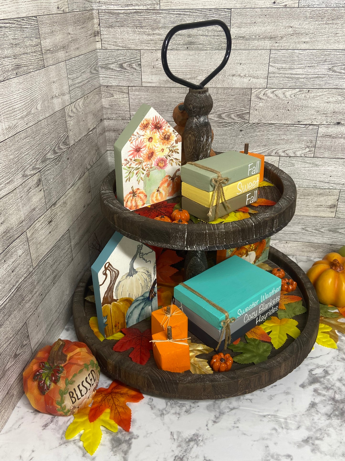 Sweater Weather Cozy Blankets Hayrides - Large Fall Tiered Tray Book Stack